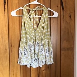 Free people green polka dot and lace tank